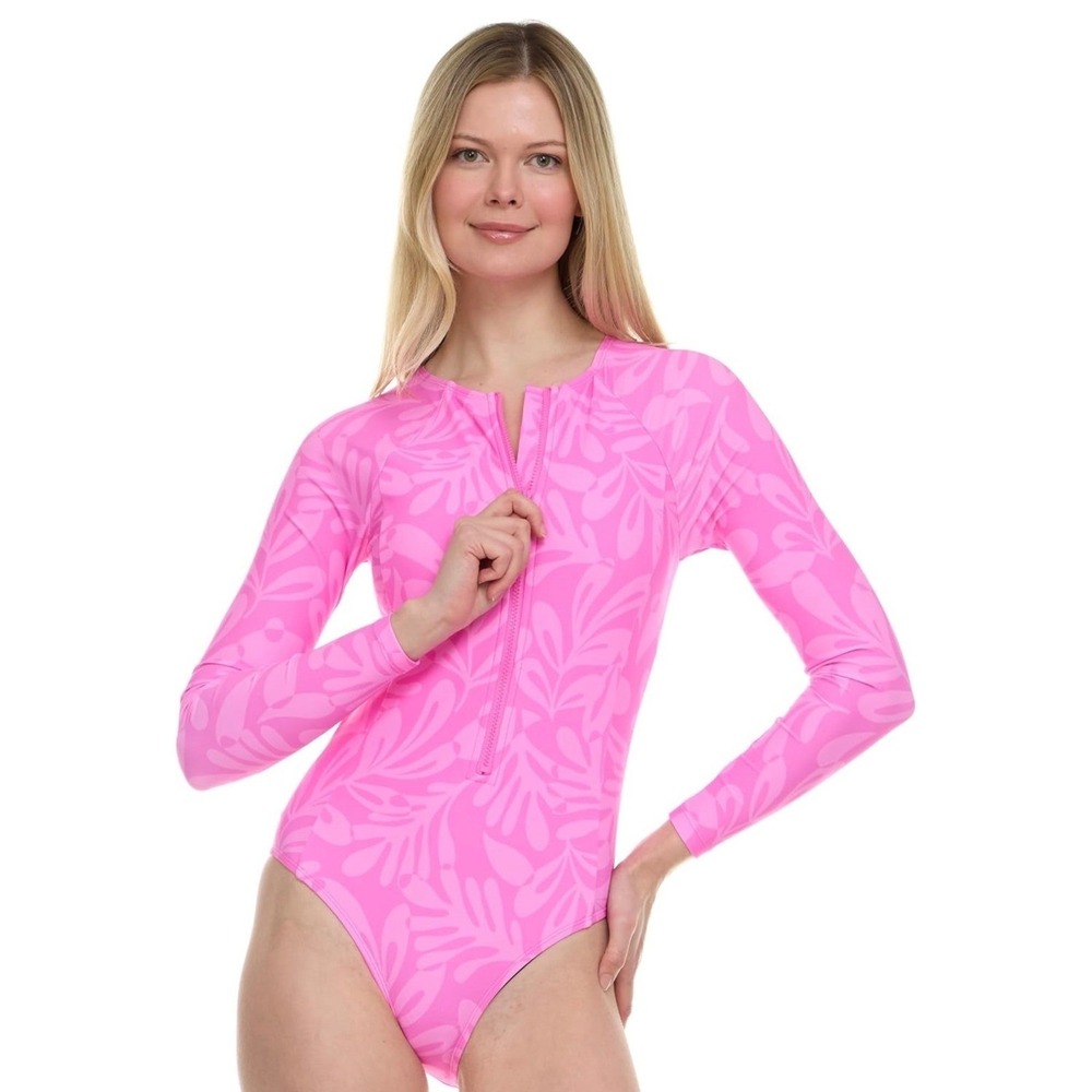 NWT Hurley Pink Tropical Print Long Sleeve 1Pc Swimsuit UPF50+ Zip Front Pink LG - Picture 2 of 7